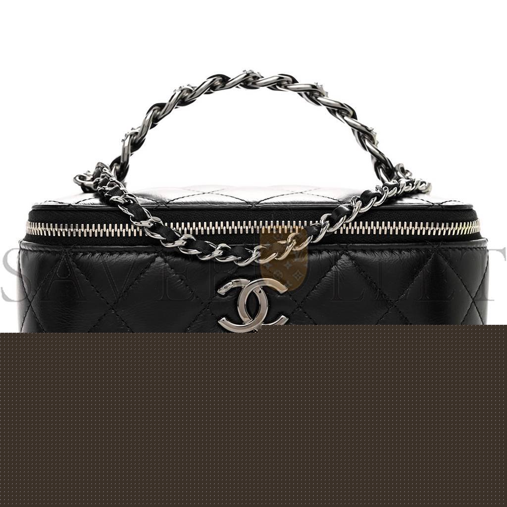 Ch*el master shiny calfskin quilted small crystal top handle vanity case with chain black a96030 (17*9.5*7.8cm)